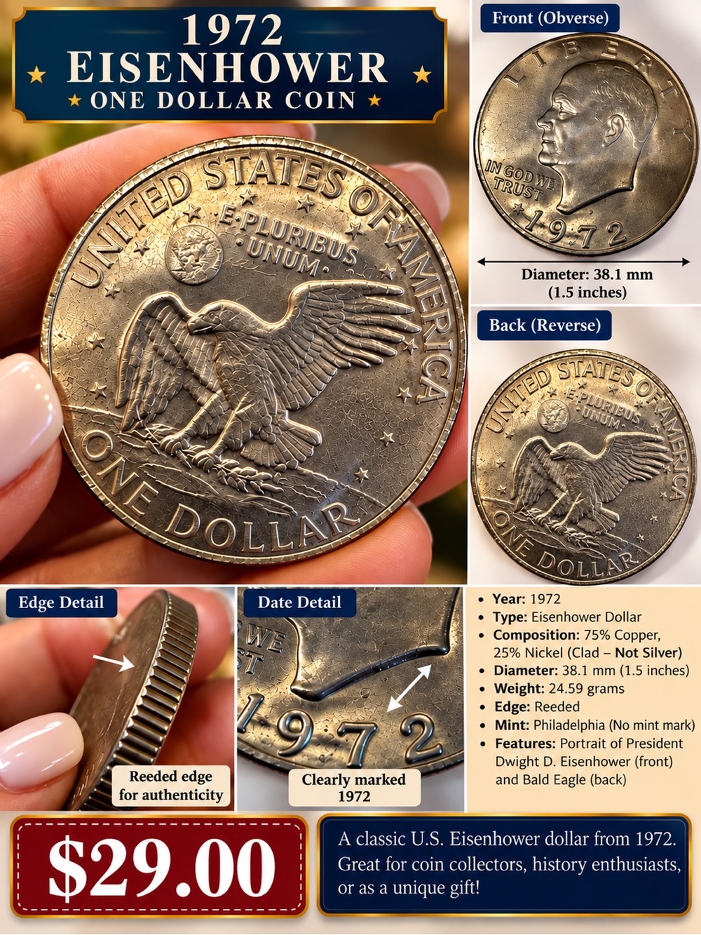 One Dollar Coin - 1972 - Metallic Brown/Gold Finish